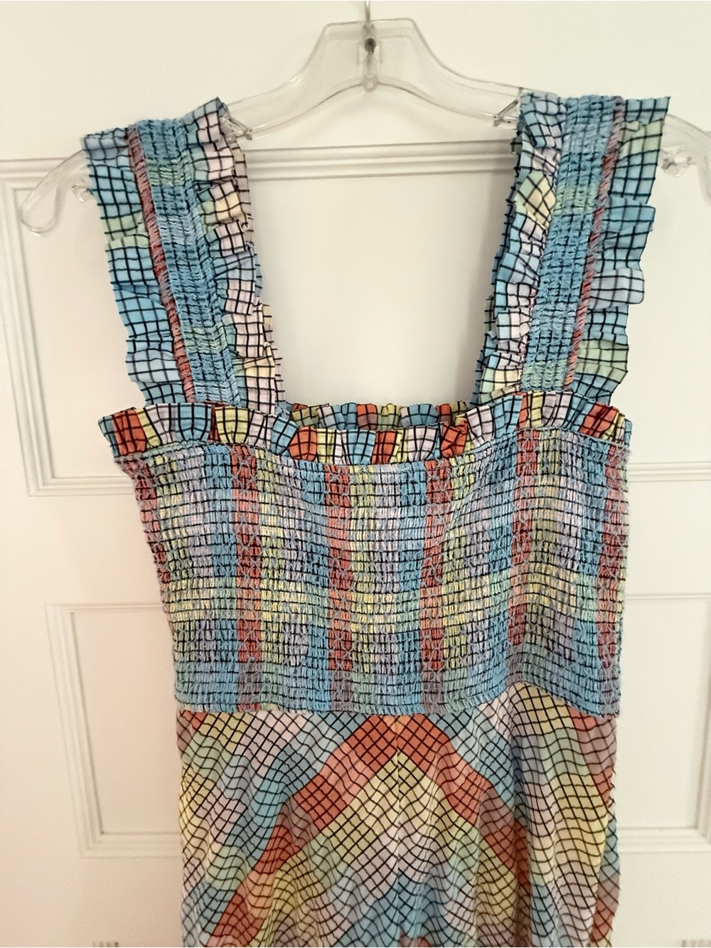 Smocked Multicolor Maxi Dress - Blue, Coral & Yellow - Picture 2 of 5